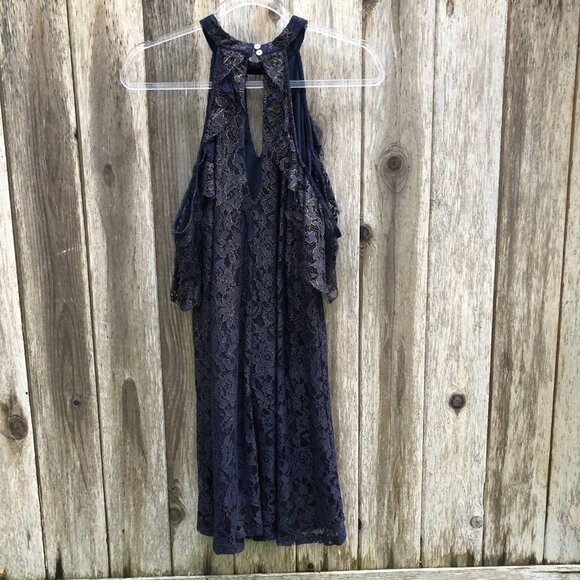 Francesca’s Navy and Gold Lace Cold Shoulder Midi Dress Large - Picture 8 of 12